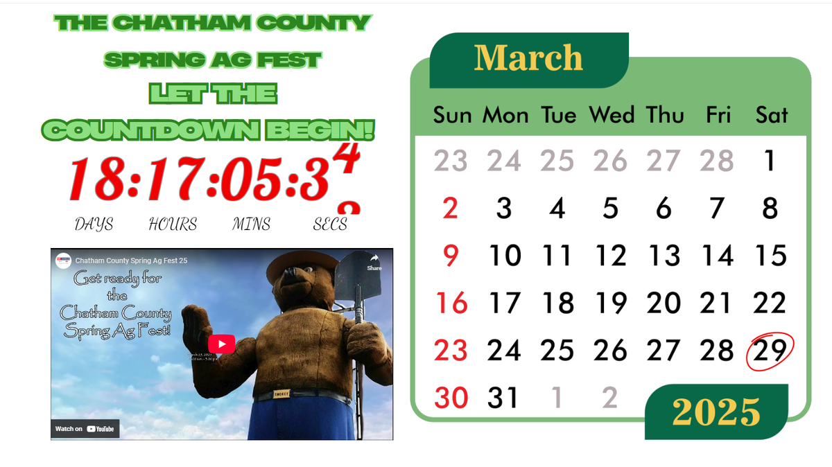 Chatham County Spring Ag Fest countdown 18:17:05:3 and March 2025 calendar with 29 circled