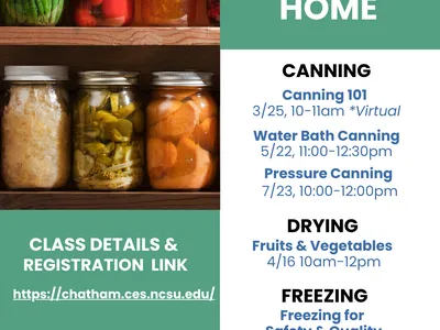 flyer with image of home canned foods with list of upcoming webinars and workshops