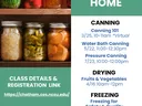 flyer with image of home canned foods with list of upcoming webinars and workshops