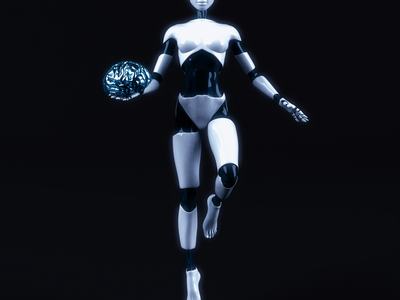 A robot holds an artificial human brain.