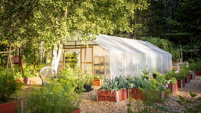 A greenhouse in a garden.