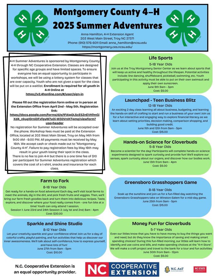 Montgomery County 4‑H 2025 Summer Adventures flyer listing programs, dates, costs, contact info