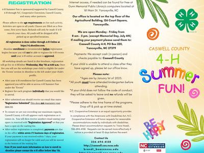 Caswell County 4-H Summer Fun brochure — registration details and contact info