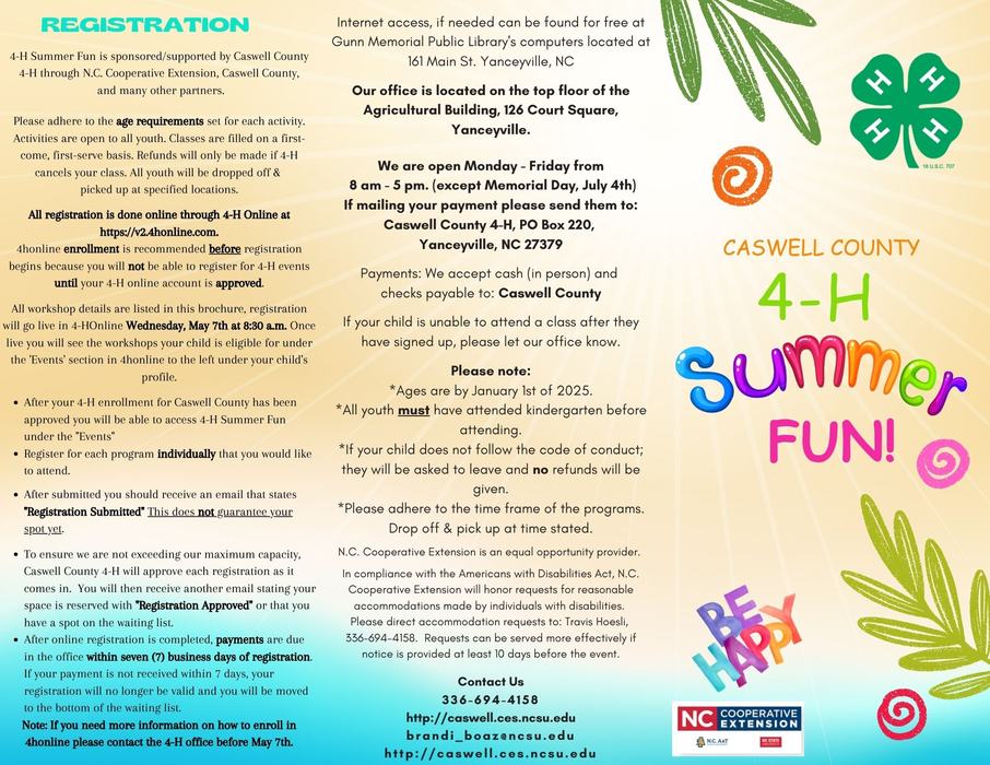 Caswell County 4-H Summer Fun brochure — registration details and contact info