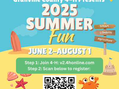 Granville County 4‑H 2025 Summer Fun flyer — June 2–August 1; join at v2.4honline.com, QR code
