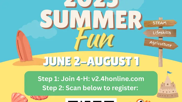 Granville County 4‑H 2025 Summer Fun flyer — June 2–August 1; join at v2.4honline.com, QR code