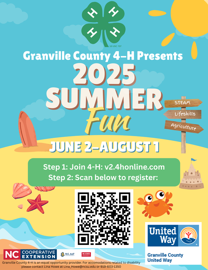 Granville County 4‑H 2025 Summer Fun flyer — June 2–August 1; join at v2.4honline.com, QR code
