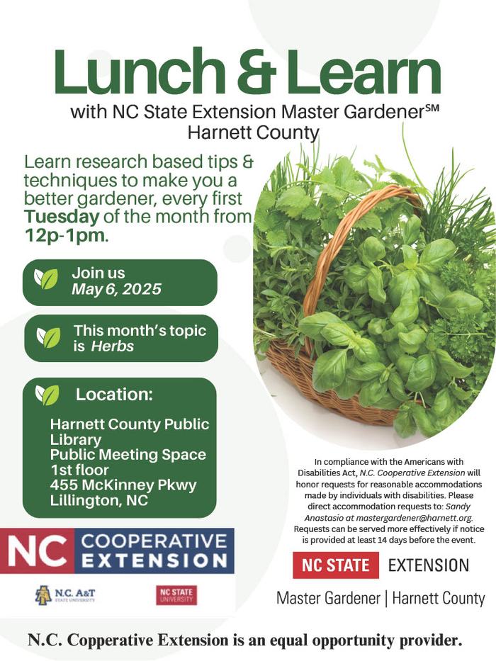 Lunch & Learn: NC State Extension Master Gardener — May 6, 2025; Herbs; Harnett Co. Public Library