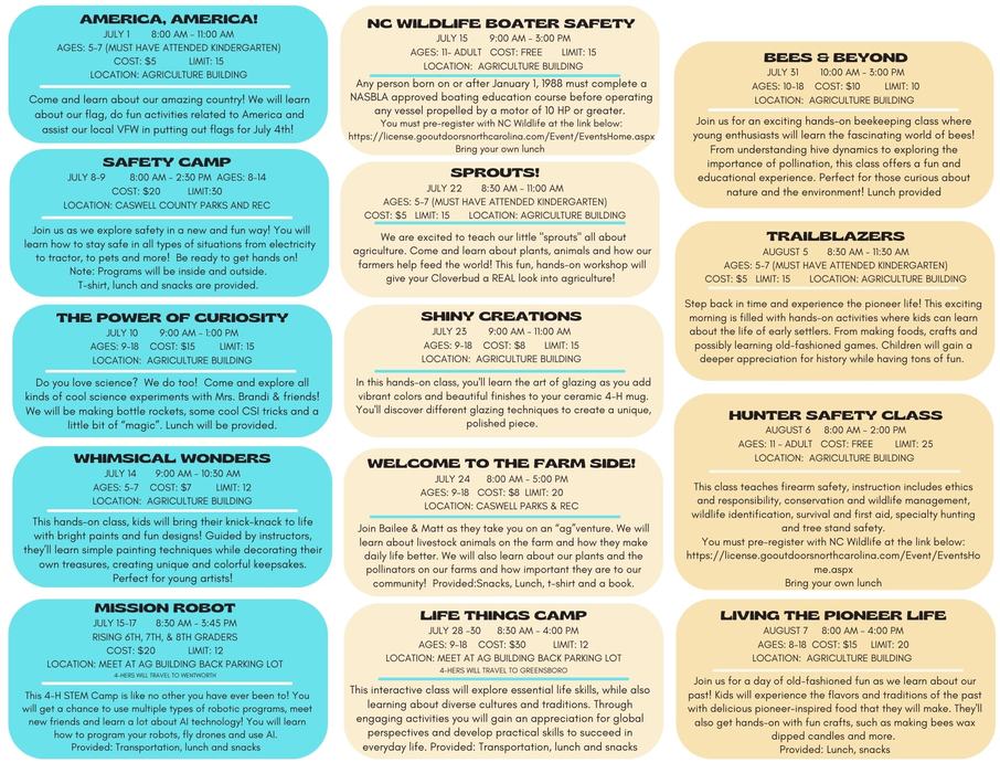 Grid of colored event flyers listing July–August youth camp and safety class details