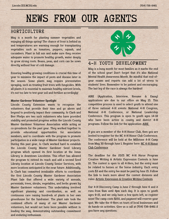 2nd page for May 2025 Newsletter with Horticulture and 4-H updates