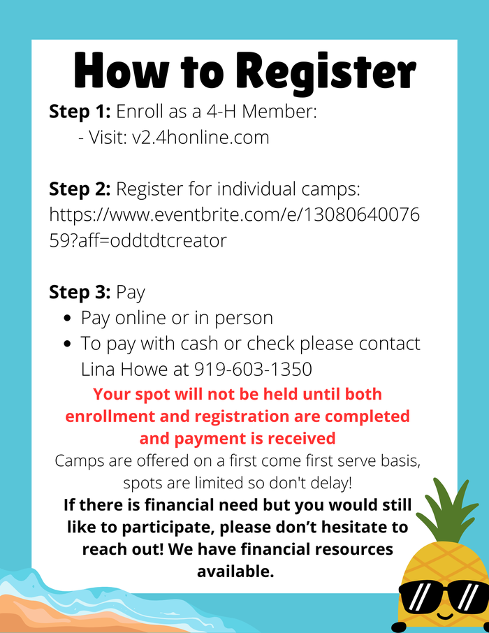 How to Register: enroll v2.4honline.com; Eventbrite link; pay or call Lina Howe 919-603-1350