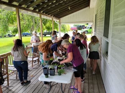 Group of people potting plants on a covered wooden porch