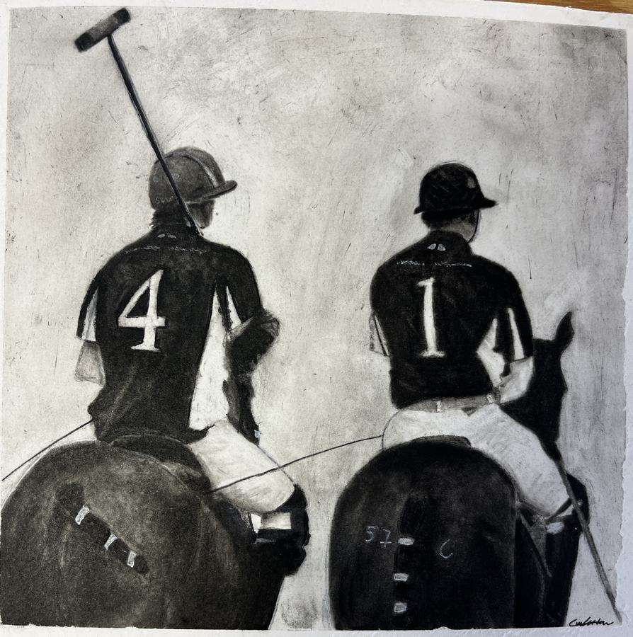Two polo players on horses seen from behind, wearing jerseys numbered 4 and 1.