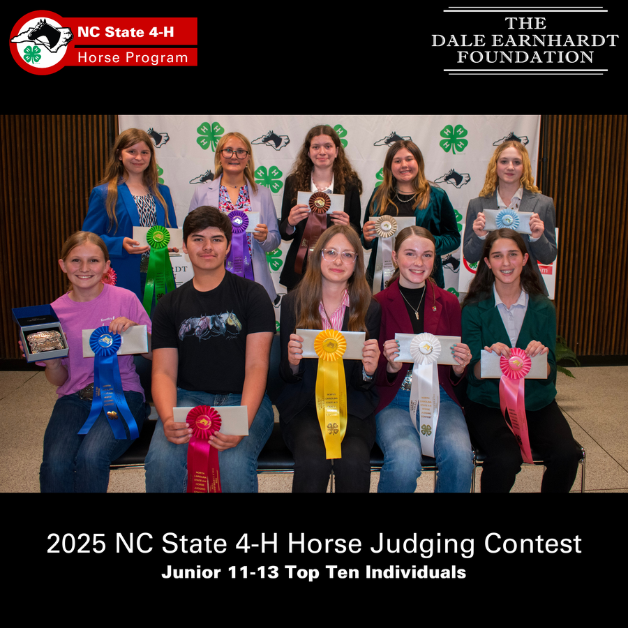 Ten youth with ribbons at 2025 NC State 4-H Horse Judging Contest, Junior 11-13