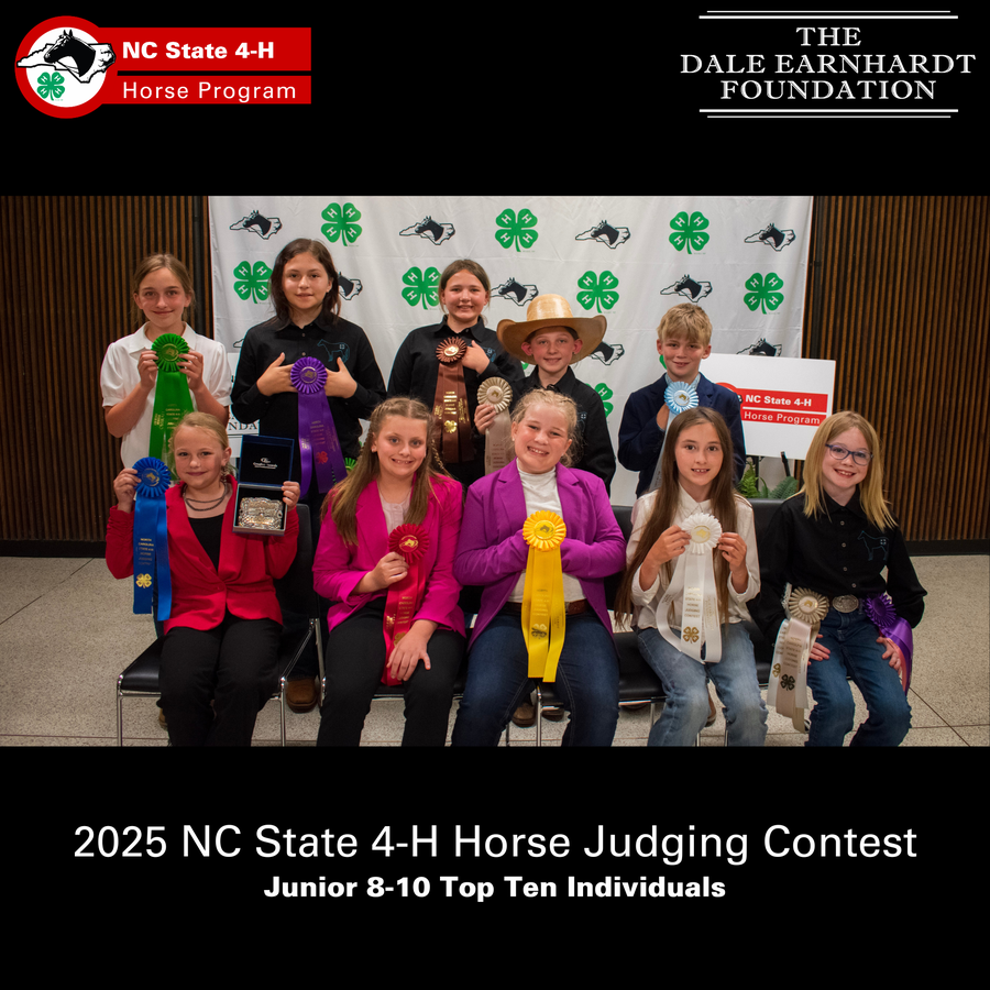 2025 NC State 4-H Horse Judging Contest junior 8-10 top ten winners holding ribbons