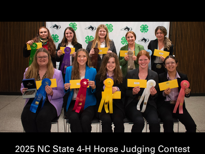 Ten senior participants holding ribbons and envelopes at 2025 NC State 4-H Horse Judging Contest