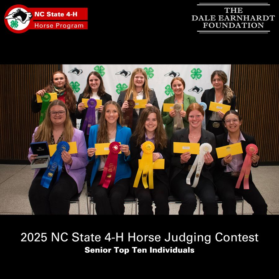 Ten senior participants holding ribbons and envelopes at 2025 NC State 4-H Horse Judging Contest