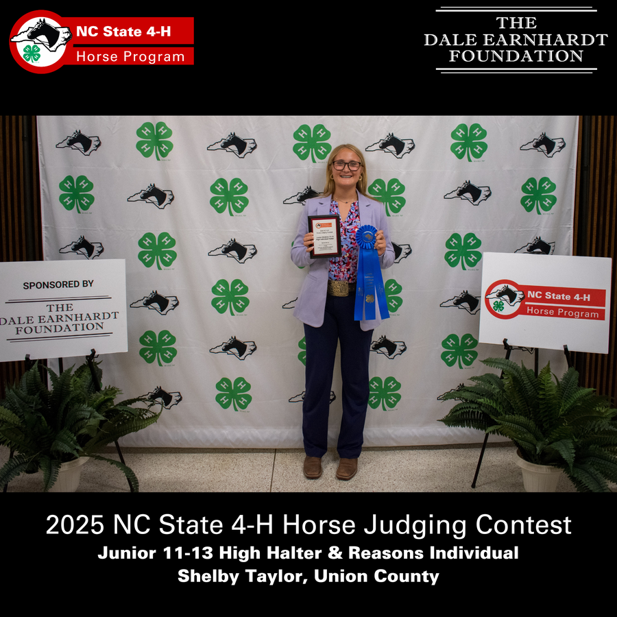 Shelby Taylor holding plaque and blue ribbon at 2025 NC State 4-H Horse Judging Contest
