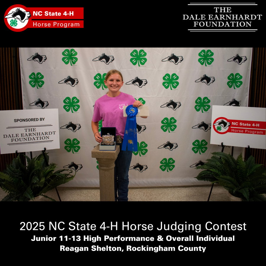 Young competitor holding blue ribbon and trophy at 2025 NC State 4‑H Horse Judging Contest