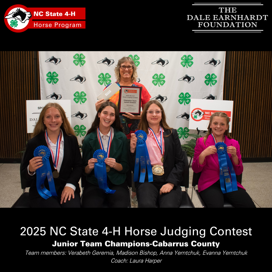 Five team members and coach holding ribbons and plaque, 2025 NC State 4-H Horse Judging Contest