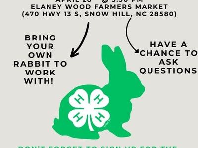 4-H Rabbit Showmanship Workshop: April 28, 5:30 PM at Elaney Wood Farmers Market. Sign up by April 25.