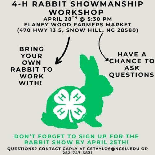 4-H Rabbit Showmanship Workshop: April 28, 5:30 PM at Elaney Wood Farmers Market. Sign up by April 25.