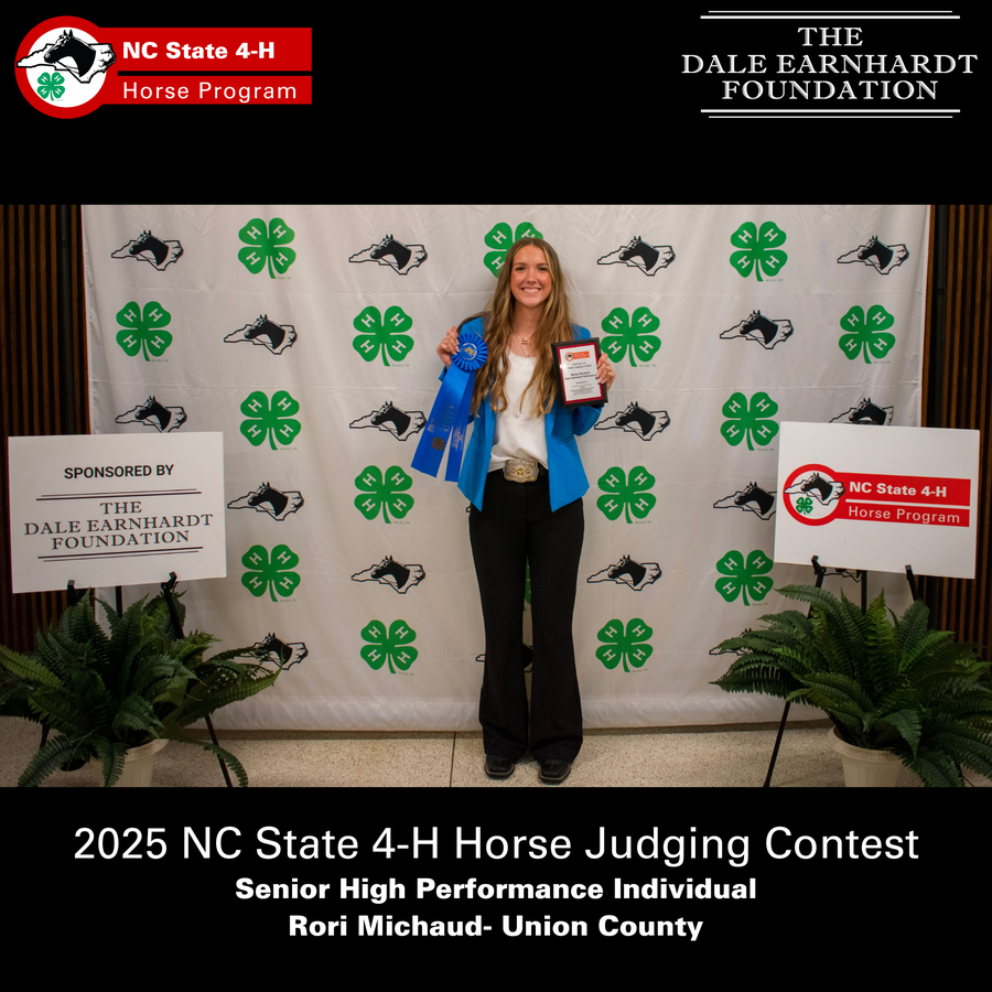 Young woman holding blue ribbon and plaque at 2025 NC State 4-H Horse Judging Contest