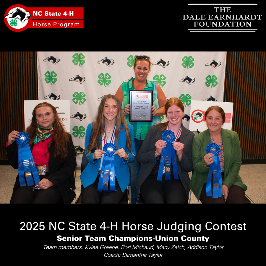 Five team members holding blue ribbons and plaque, banner reads "2025 NC State 4-H Horse Judging Contest"