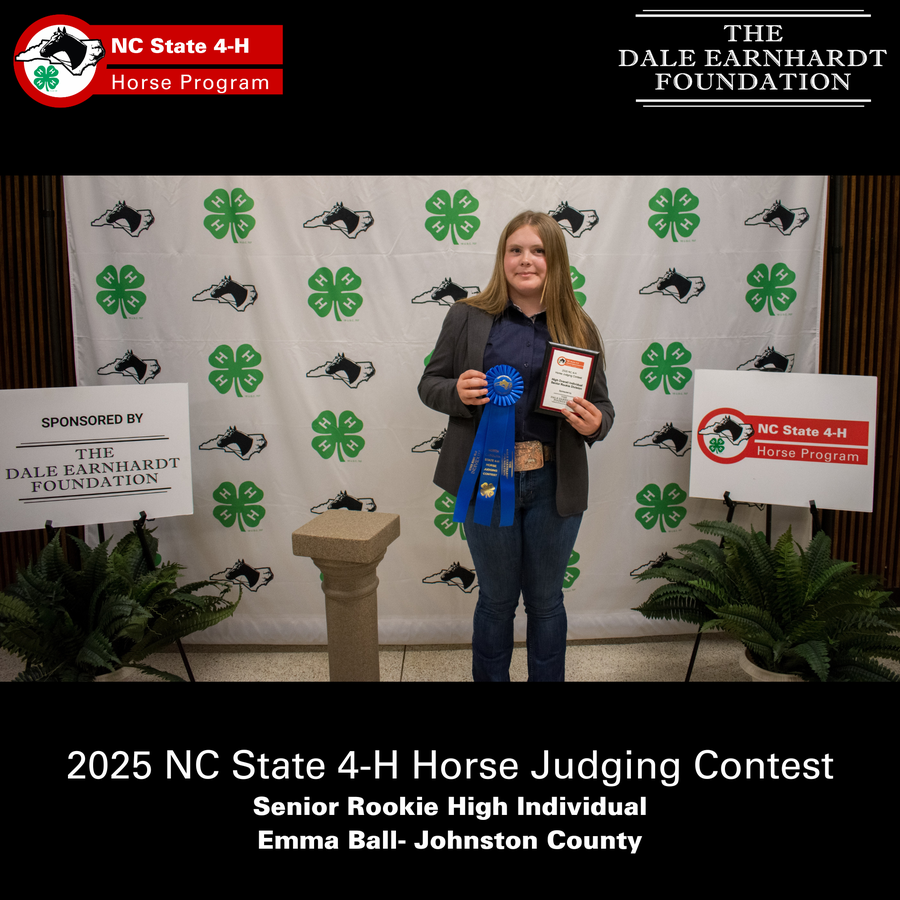 Emma Ball holding blue ribbon and plaque at 2025 NC State 4‑H Horse Judging Contest