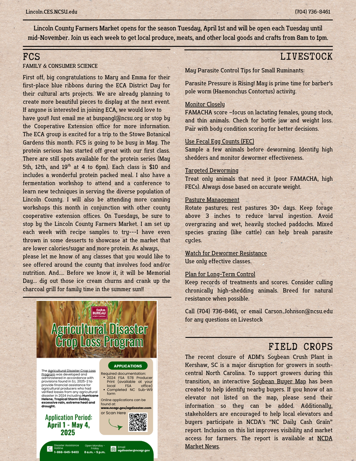 3rd page of May 2025 Newsletter with FCS, Livestock, Field Crop and Ag Disaster Crop Loss updates