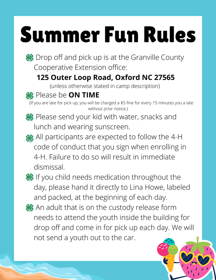Summer Fun Rules flyer listing drop-off address 125 Outer Loop Road, Oxford NC 27565 and guidelines