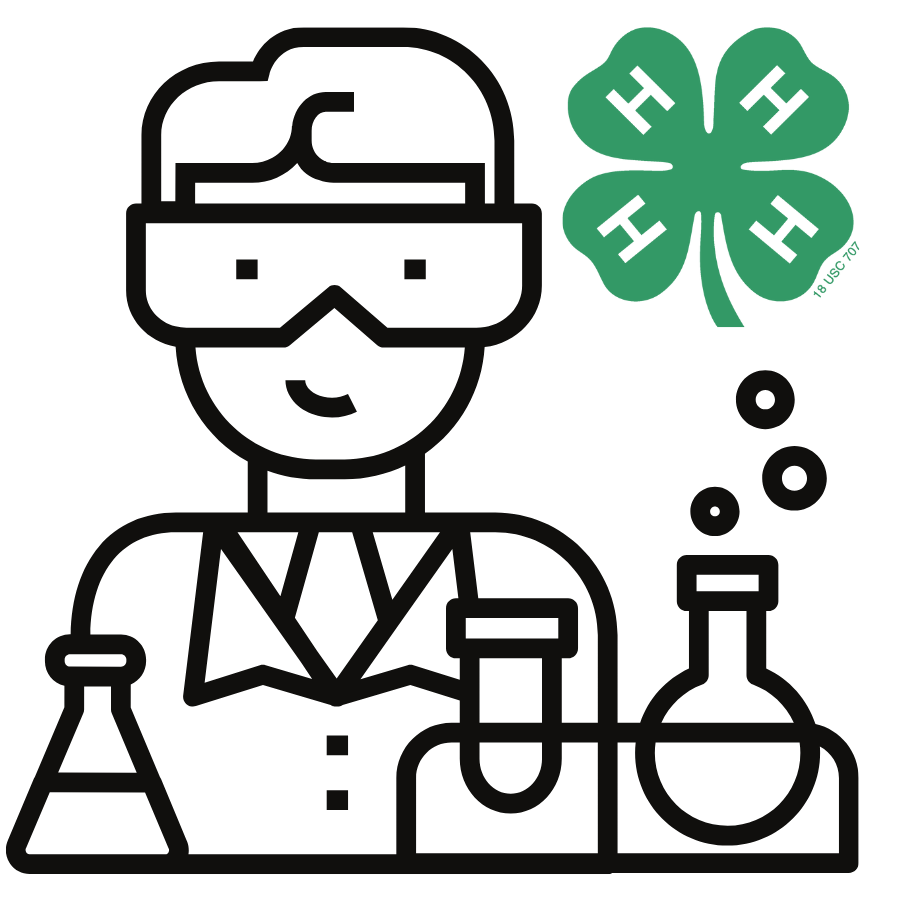 Scientist with goggles at lab bench and 4‑H clover logo showing H on each leaf
