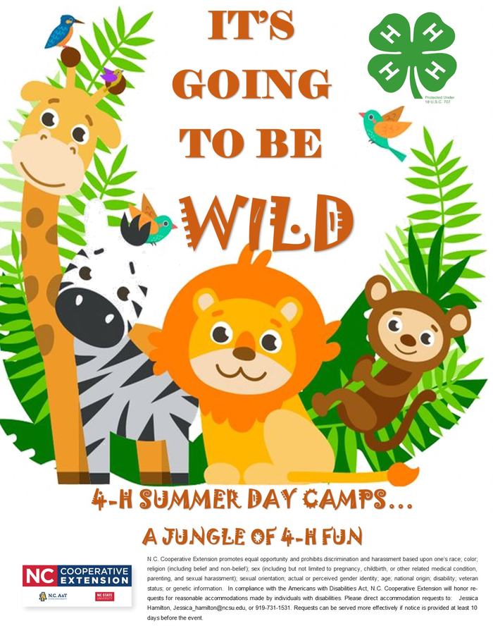 Cartoon jungle animals with text: "IT'S GOING TO BE WILD" and "4-H Summer Day Camps... A Jungle of 4-H Fun"