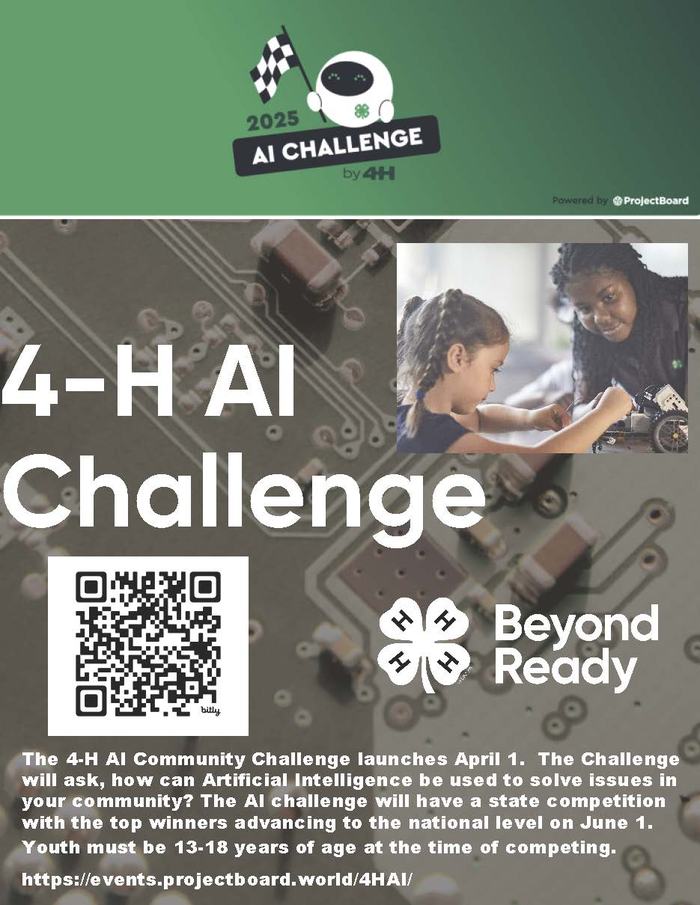 2025 4-H AI Challenge poster with "4-H AI Challenge" text, QR code, and mentor guiding child building robot