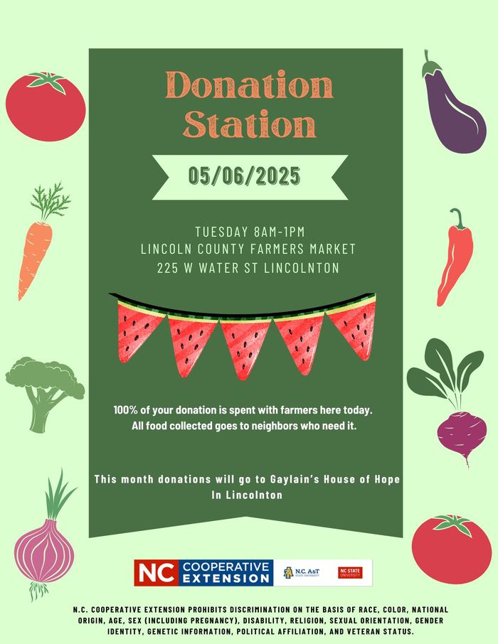 Donation Station flyer — 05/06/2025, Tuesday 8AM–1PM, Lincoln County Farmers Market, 225 W Water St