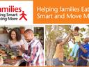 Logo: "Families Eating Smart and Moving More"; left family eating at table; right family playing outside.