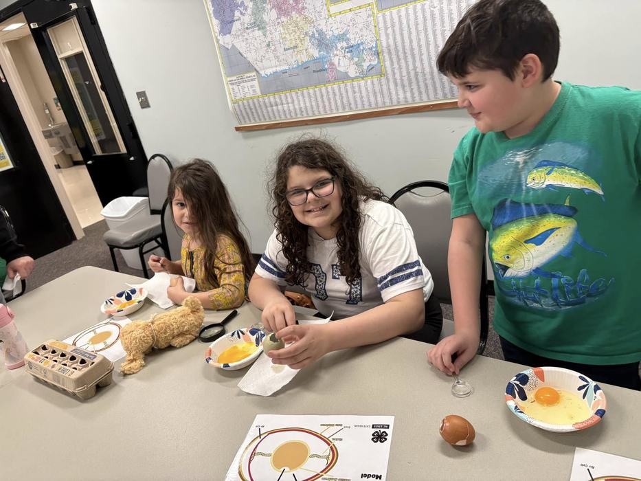 3 children with bowls of cracked eggs in front of them