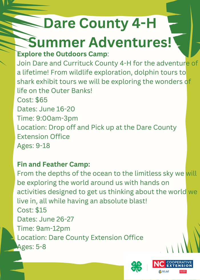 Dare County 4-H Summer Adventures! Explore the Outdoors Camp June 16-20; Fin and Feather Camp June 26-27