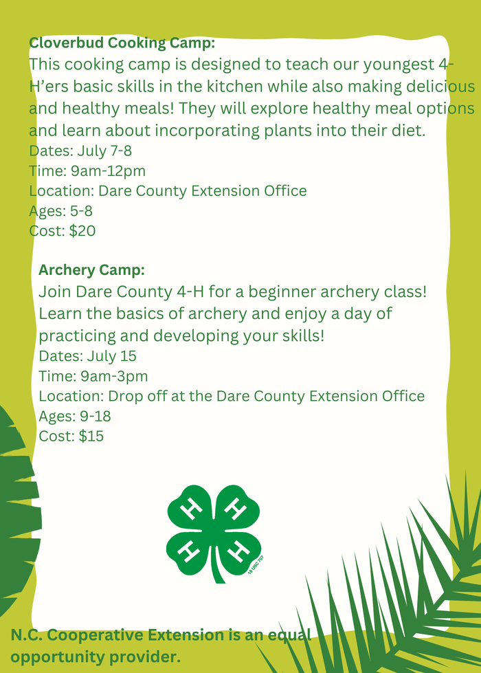 4-H Cloverbud Cooking Jul 7–8 9am–12pm ages 5–8 $20; Archery Jul 15 9am–3pm ages 9–18 $15
