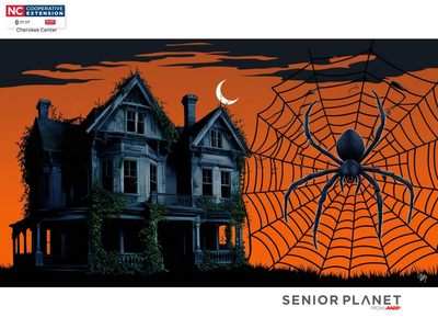 Victorian house left, giant spider on web right; text: "Senior Planet" and "NC Cooperative Extension"