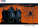 Victorian house left, giant spider on web right; text: "Senior Planet" and "NC Cooperative Extension"