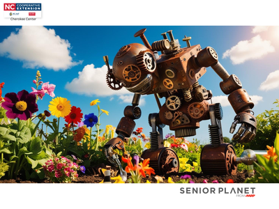 Steampunk robot tending flowers in a garden; logos: NC Cooperative Extension and "Senior Planet"