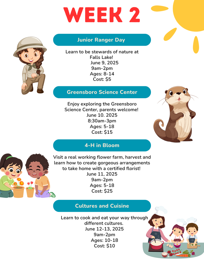 WEEK 2 schedule — Junior Ranger Day Jun 9; Science Center Jun 10; 4‑H Jun 11; Cuisine Jun 12–13