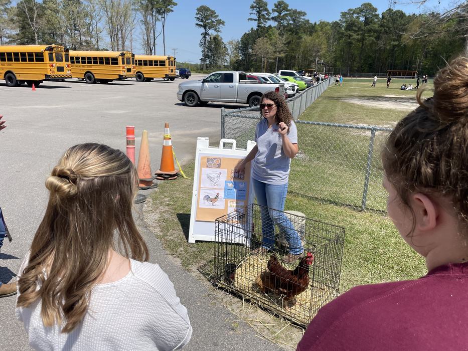 A woman shows off a chicken in a cage.