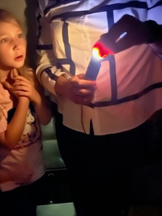 A girl is entranced by seeing an embryo in an egg using a flashlight.