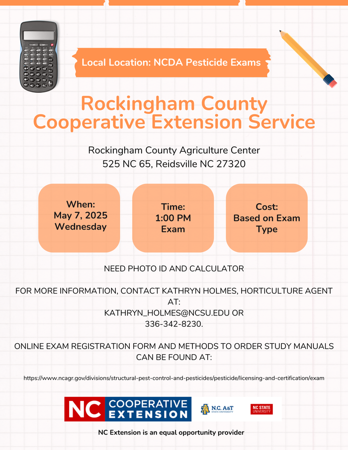 Rockingham County Cooperative Extension pesticide exam, May 7, 2025 1:00 PM, 525 NC-65 Reidsville