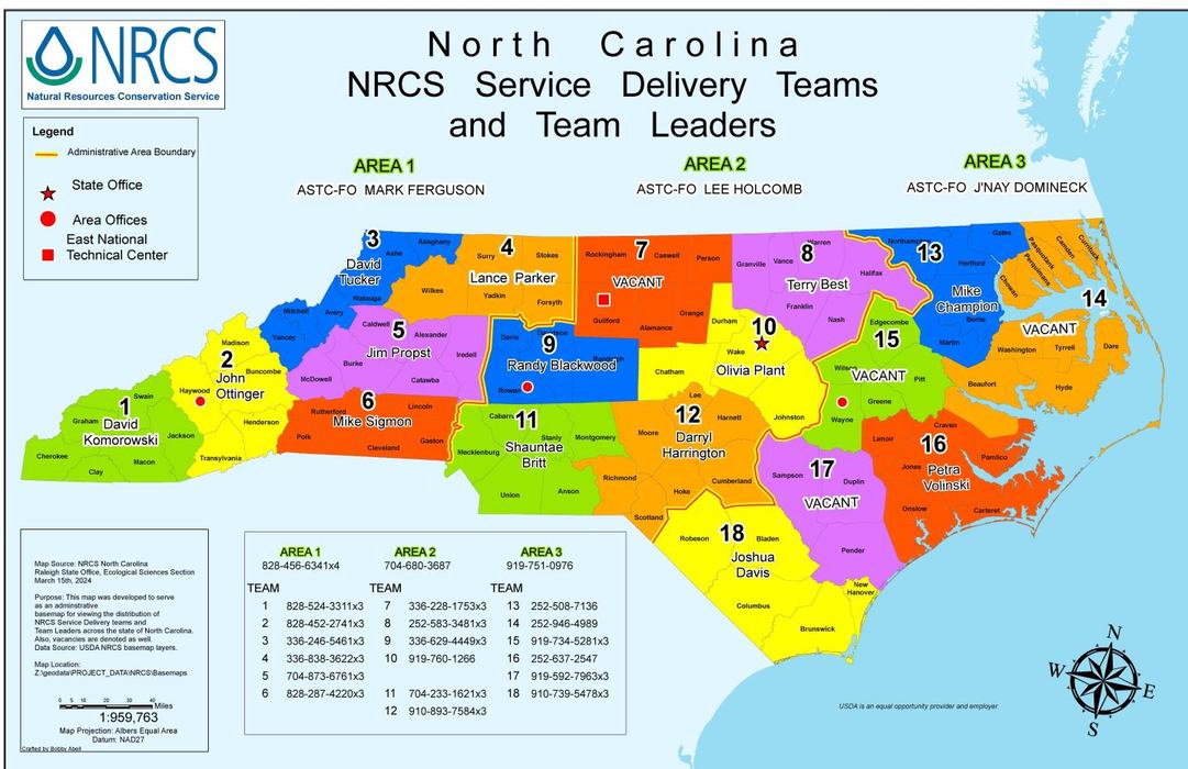 map of North Carolina NRCS delivery teams and leaders