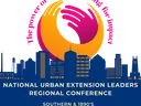 Hands logo above skyline; Nat'l Urban Extension Leaders Conference; May 6-8, 2025, Durham NC