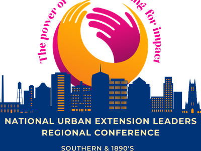 Hands logo above skyline; Nat'l Urban Extension Leaders Conference; May 6-8, 2025, Durham NC