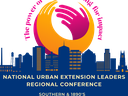 Hands logo above skyline; Nat'l Urban Extension Leaders Conference; May 6-8, 2025, Durham NC